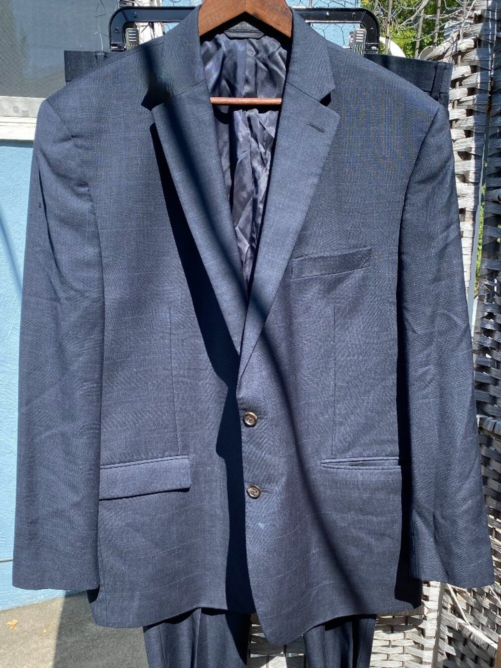 Lauren Ralph Lauren (2) Two Piece Men's Suit Navy Blue Plaid  100% Wool 48R